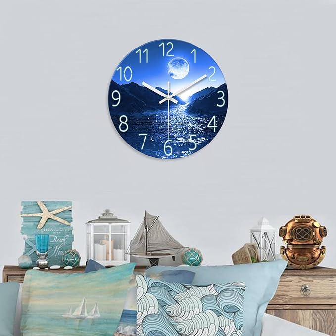 XFM Blue Moon Wall Clock Battery Operated 12 Inch Modern Silent Non Ticking Clock Decorative Wall Clocks for Kitchen Living Room Bedroom