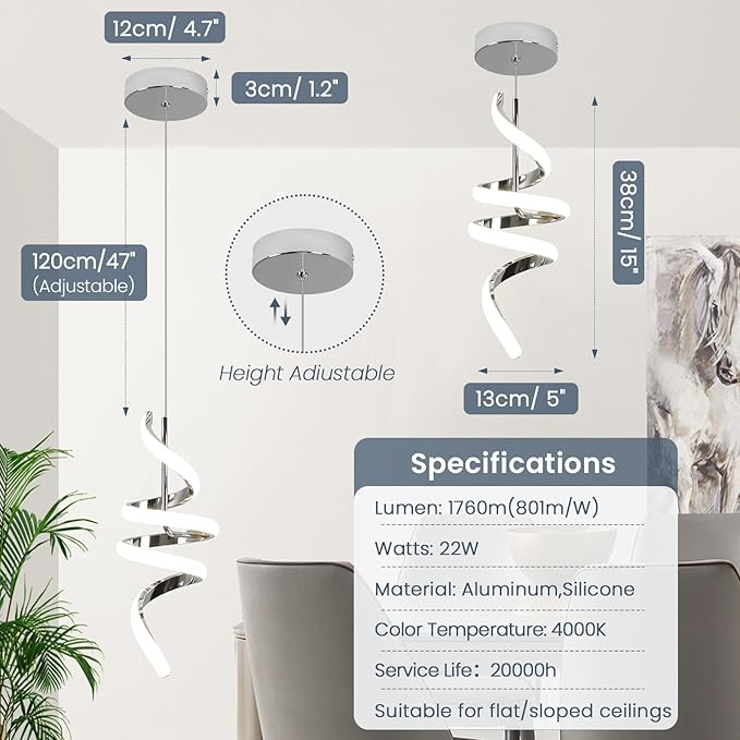Modern Spiral LED Pendant Lights Kitchen Island, 22W Adjustable Height Hanging Light Fixture 4000K Chrome Chandelier for Dining Room Cafe Table, 1 Pack