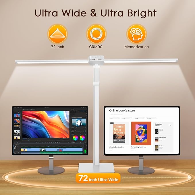 Syrinx Table Lamp, 24W Desk Lamp for Home Office with Gesture Sensor Switch and Touch Control, Eye-Caring Double Head LED Table Lamp with 25 Light Modes Adjustable Desk Light with Metal Base