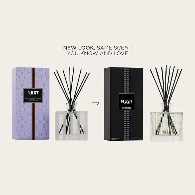 NEST New York Reed Diffuser, Cedar Leaf & Lavender - 5.9 fl oz - Fragrance for Up to 90 Days - Reusable, Refillable Glass Holder - Includes 8 All-Natural Reed Sticks - Flame Free