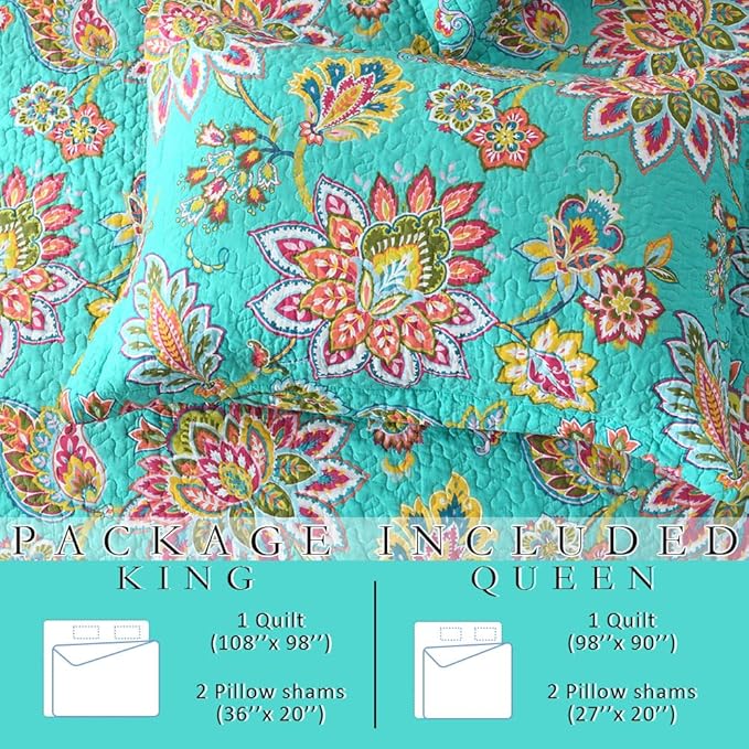 Cotton Bedspread Bedding Coverlet Quilt Sets, Reversible Vintage Branch Floral Bedspread comforters, (Vintage Turquoise Paisley Floral Pattern, King Size)