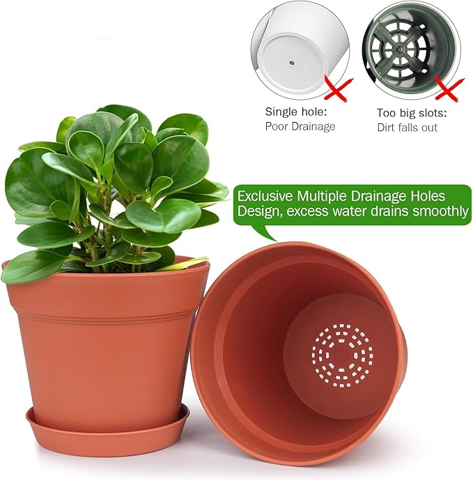 homenote Plant Pots,7.5 Inch Flower Pots for Plants Plastic Planters for Indoor with Multiple Drainage Holes and Trays, for All Home Garden Flowers Succulents,Outdoor(Terra Cotta,8 Pack)