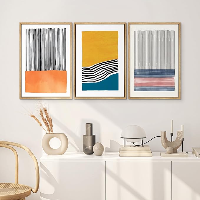 SIGNWIN Framed Wall Art Print Set Orange, Yellow, Blue & Pink Color Blocks and Lines Abstract Shapes Illustrations Modern Art Chic Relax/Calm Multicolor for Living Room, Bedroom, Office - 16"x24"x3