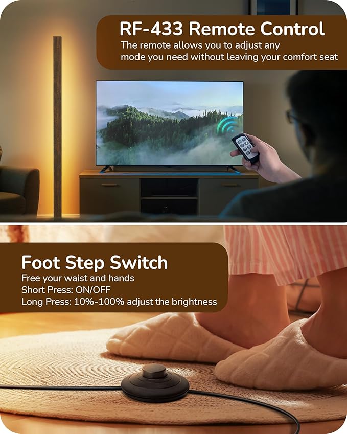 EDISHINE Wooden LED Corner Floor Lamp, Modern Standing Light with Remote, Minimalist Dimmable Floor Lamps for Living Room, Bedroom, Office, 7 Color Temperature 2700~6000K, 48.43"