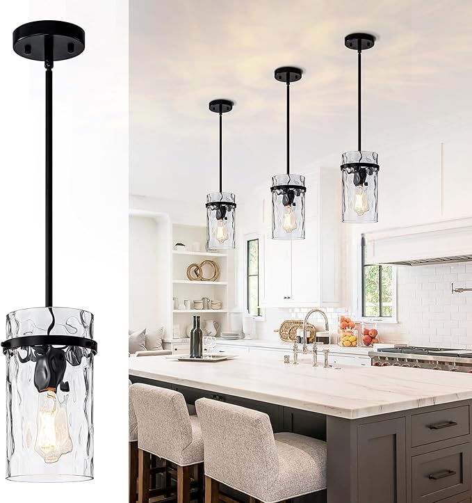 Farmhouse Hammered Hand-Blown Glass Pendant Light, Black Pendant Lights Kitchen Island, Modern Pendant Light Fixtures Island Lights for Kitchen Dining Room Light for Farmhouse Pendant Lighting 1 Pack