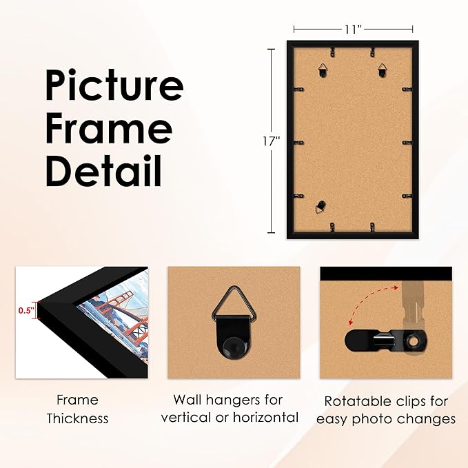 FIXSMITH 11x17 Picture Frame Set of 2, Photo Frame with HD Plexiglass, Display Pictures 9x15 with Mat or 11x17 Without Mat, Black Picture Frames Collage Wall Decor, Gallary Wall Frame