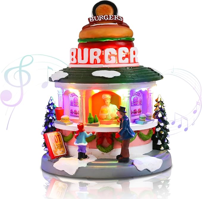 Vigdur Christmas Village Houses - Animated Hamburger Shop with LED Lighted and 8 Xmas Songs, Christmas Animation Village Indoor Holiday Tabletop Decorations for Home Tabletop Gift