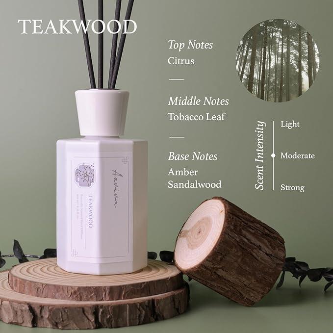 Reed Diffuser Set, 6.7 oz Teakwood Scented Reed Diffusers for Home with Sticks, Home Fragrance Oil Scent Diffuser for Bathroom, Decor & Gift