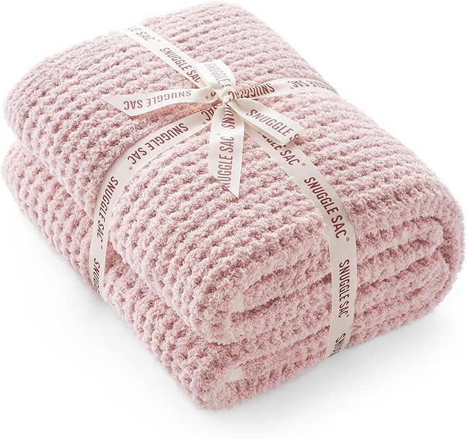 Snuggle Sac Ultra Soft Waffle Throw Blanket for Couch Bed Sofa 50x60 inches, Reversible Pink Blanket Microfiber Fluffy Fuzzy Cozy Knit Throws for Women Mothers Birthday Gifts