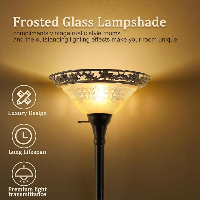 Luvkczc Torchiere Floor Lamp for Living Room - 70" Victorian Standing Lamp with Etched Glass Shade, Corner Floor Lamps for Bedroom/Office