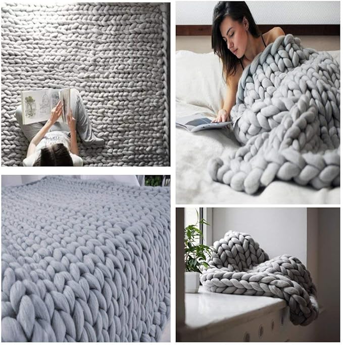 Chunky Knit Blanket Soft Handmade Knitting Throw for Bedroom Sofa Decor Super(Light Gray 40"x40")