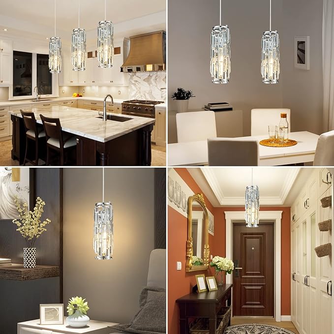 LMQNINE Pendant Lights Modern Chrome Pendant Light Mini Crystal Chandelier Pendant Lighting for Kitchen Island Dinning Room Bedroom Kitchen Sink Lighting (Chrome 2-Pack)