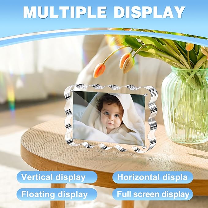 Aheroi 5x7 Acrylic Photo Frames, 3 Pack Clear Acrylic Picture Frame, Freestanding Scalloped Magnetic Picture Frames, Transparent Double Sided Frameless Frame for Desktop, No Instal No Toxic