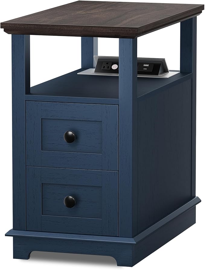 HIFYOBRO 2 Drawers End Table with Flip Top Charging Station Set of 2, Narrow Side Table, Type-C & USB Port & Power outlets, Wooden Storage End Table for Living Room, Bedroom