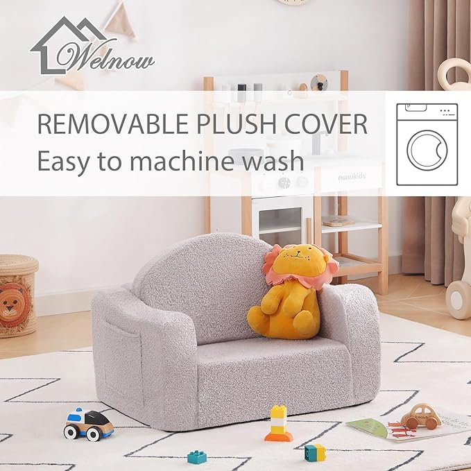 Welnow 2-in-1 Kids Sofa Chair, Convertible Toddler Chair Flip Out Children Sofa Chair with Wave Armrests Folding Kids Play Sofa with Side Pockets & Removable Cover Armchair for Girl or Boy