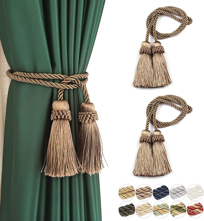 Fenghuangwu Curtain Tiebacks Handmade Decorative Curtain Holdbacks Rope with Tassel (flaxen, 2P)