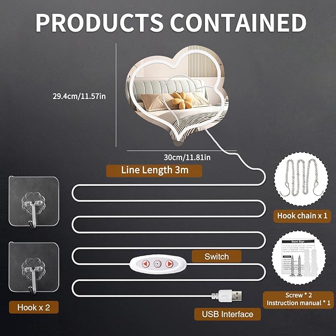 Warm White Heart Acrylic Mirror Neon Signs,Dimmable Heart Shaped Mirror with Neon LED Lights,USB Powered Neon Sign Wall Decor Art Neon Light For bedroom,Family,Wedding,Bar,Party Decor