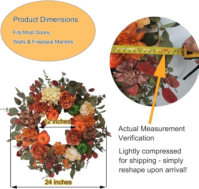 Fall Wreaths for Front Door 24 Inch with Realistic Pumpkin Hydrangea Peony Dahlia Flower, Thanksgiving Harvest Autumn Wreath for Indoor Outdoor Decor, Rustic Farmhouse Seasonal Decoration