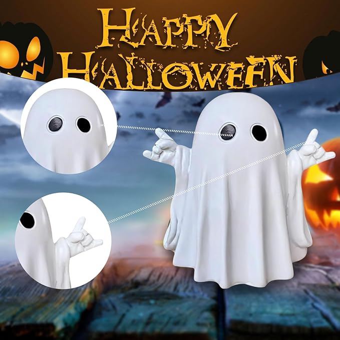 Halloween Ghost Figurine, Resin Cute Finger Ghost Statue, Funny Decor for Halloween Decorations Desk Indoor and Porch Spooky Home Decor