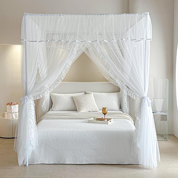 AIKASY 4 Corners Post Ruffle Princess Bed Canopy Curtain - Double Layer Cozy Drape Netting with 4 Openings - Elegant Mosquito Net for Girls and Adults Bedroom Decoration (White, Queen)