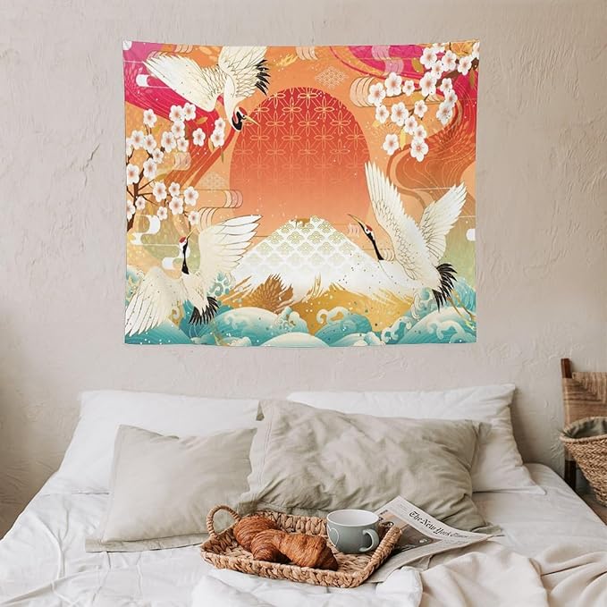 HZOHNAGO Japanese Tapestry Cherry Blossom Crane Sea Wave Fuji Mountain Red Sun Pattern Printed Wall Tapestry Painting Wall Hanging for Bedroom Living Room Dorm 60" W x 50" H