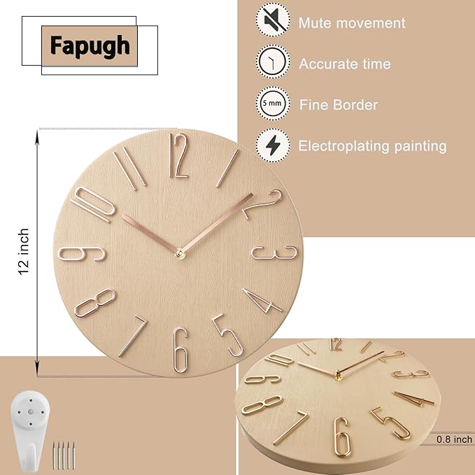 Wall Clock, Silent Clock, Wall Clocks Battery Operated， 12 inch Modern Wall Clock, Suitable for Offices, Living Rooms, Kitchens, Homes, Schools (Beige Without Second Hand)