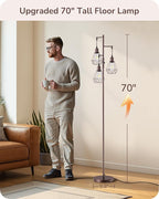 EDISHINE 70IN Industrial Floor Lamps for Living Room, Dimmable Farmhouse Corner Reading Lamp, Diamond-Shaped Lampshade, 3 LED Edison Bulbs Included, Rustic Tree Standing Lamp for Bedroom, Brown