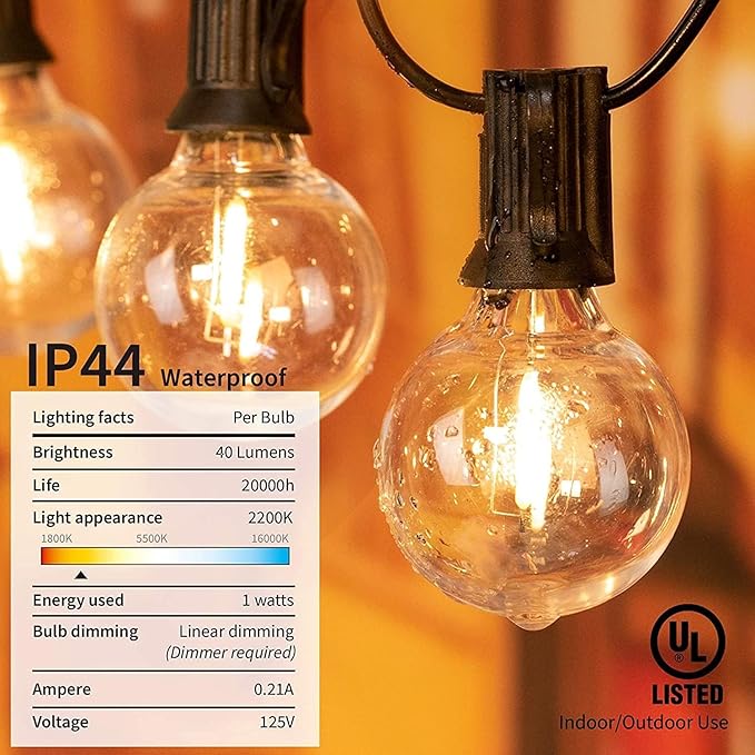 Brightown Led String Lights Outdoor 55Ft G40 Patio Lights with 52 Led Shatterproof Bulbs(2 Spare), Waterproof Led Globe Hanging Lights for Backyard Porch Bistro Balcony Decor, E12 Socket, 2200K