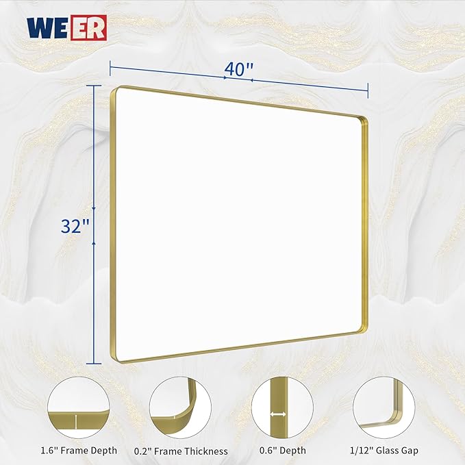 WEER Gold Bathroom Mirror, 40X32 Inch Brushed Gold Metal Frame Mirror, Rounded Rectangle Gold Bathroom Vanity Mirror for Wall, Tempered Glass, Anti-Rust, Hangs Horizontally or Vertically