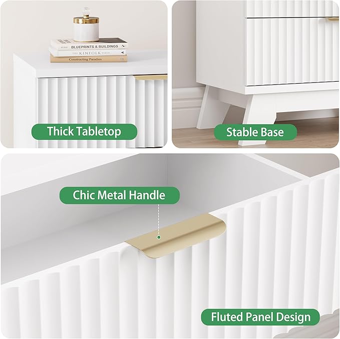 Fluted Nightstand, 24" Wide Side Table with 3 Large Storage Drawers, Mid Century Modern Wood Night Stand with Metal Handle, Wooden Bedside End Table for Bedroom, Living Room, Closet, White
