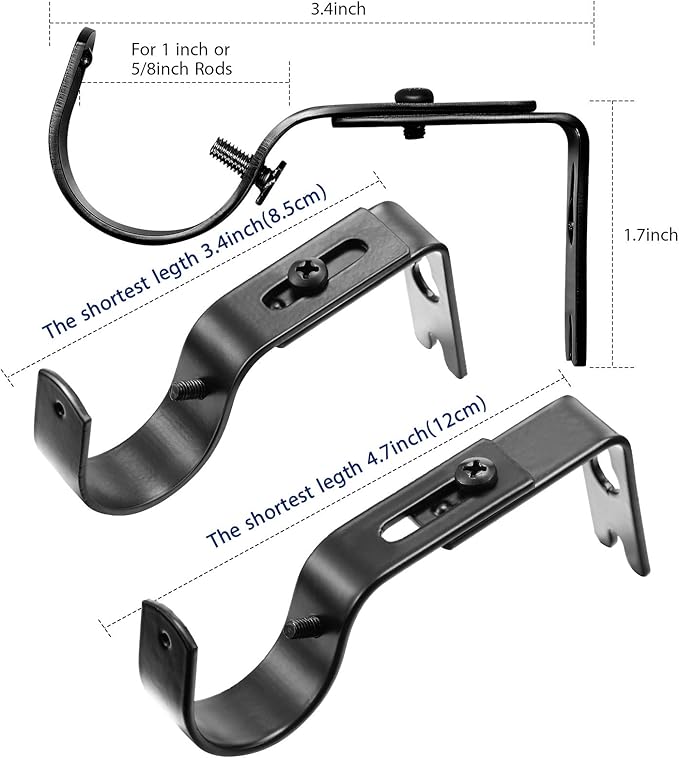 Frienda 12 Pcs Curtain Rod Brackets Adjustable Holder Wall for 1 Inch Diameter Curtain Rod General Bracket Hooks with Screws (Bright Black)