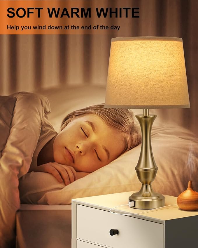 Upgraded Touch Lamps for Night Stands Set of 2 - Bedside Lamps with USB C+A, 3 Way Dimmable for Bedroom Living Room End Tables Office (Oat Shade&Coppery Base)