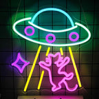 CKTBLEY UFO Cat Neon Sign Fun Alien Neon Light Spacecraft LED Sign Adorable Pink Cat Wall Lights for Bedroom Game Room Man Cave Bar Party Decoration Gifts for Kids Wall Art