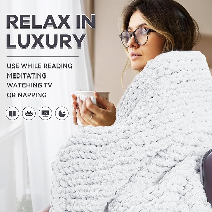 Chunky Knit Blanket - Luxury Soft Cozy 60 * 80 Throw Blanket,100% Woven Blanket Rope Knot Throw Blanket for Couch, Sofa, Home Decor, Gift - Machine Washable（White）