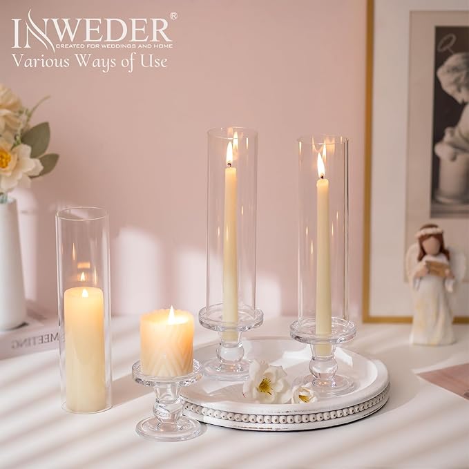 Hurricane Glass Taper Candle Holder: 10pc Tall Hurricane Candle Holders for Home, Clear Tapered Candlestick Holders with Open Ended Glass Sleeve Candle Stick Holders for Table Centerpieces