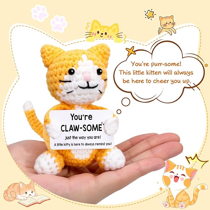 Crochet Cat Lover Gifts for Women Men, Small Funny Handmade Emotional Positive Crochet Animals Stuffed Plush, Mini Cool Cute Stuff Things Presents for Girls Boys, Fun Kitten Kitty Cat Ornament Decor