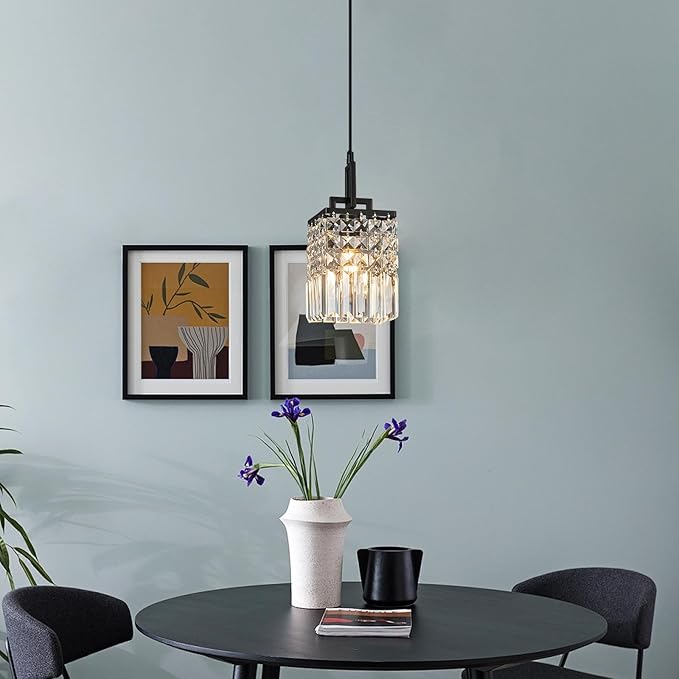 Modern Crystal Pendant Light Kitchen Island Farmhouse Lamp Adjustable Height Hanging Lighting Square Black Chandelier Suitable for Kitchen Island Dining Room and Bedroom(1Pack)