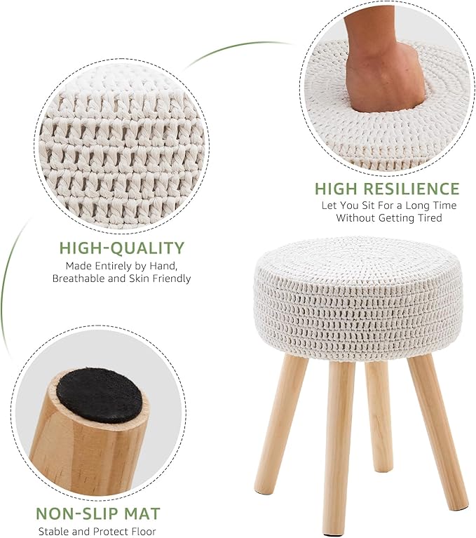 Wimarsbon Pouf Ottoman, 100% Cotton Knitted Boho Footstool, Round Footrest with Non-Skid Wood Legs, Home Décor Handmade Pouffe, Leisure Floor Step Stool for Living Room (Long Leg - Beige)