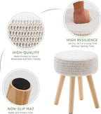 Wimarsbon Pouf Ottoman, 100% Cotton Knitted Boho Footstool, Round Footrest with Non-Skid Wood Legs, Home Décor Handmade Pouffe, Leisure Floor Step Stool for Living Room (Long Leg - Beige)