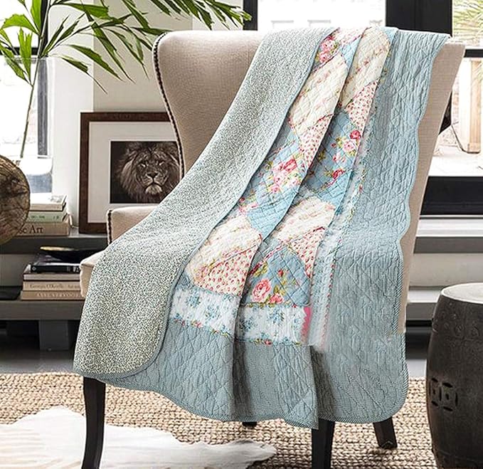 Cozyholy Original 100% Cotton Patchwork Quilt Blue Floral Bedspread Coverlet Reversible Vintage Shabby Chic Quilted Throw Blanket Bed Quilt Cover for Couch Sofa