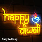 Happy Diwali Neon Sign Festival of Light Decorations - Chanukah Neon Light Orange Dimmable Deepavali LED Sign - Hanukkah Light Up Signs for Home Bar Decor Party Supplies