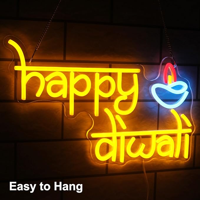 Happy Diwali Neon Sign Festival of Light Decorations - Chanukah Neon Light Orange Dimmable Deepavali LED Sign - Hanukkah Light Up Signs for Home Bar Decor Party Supplies