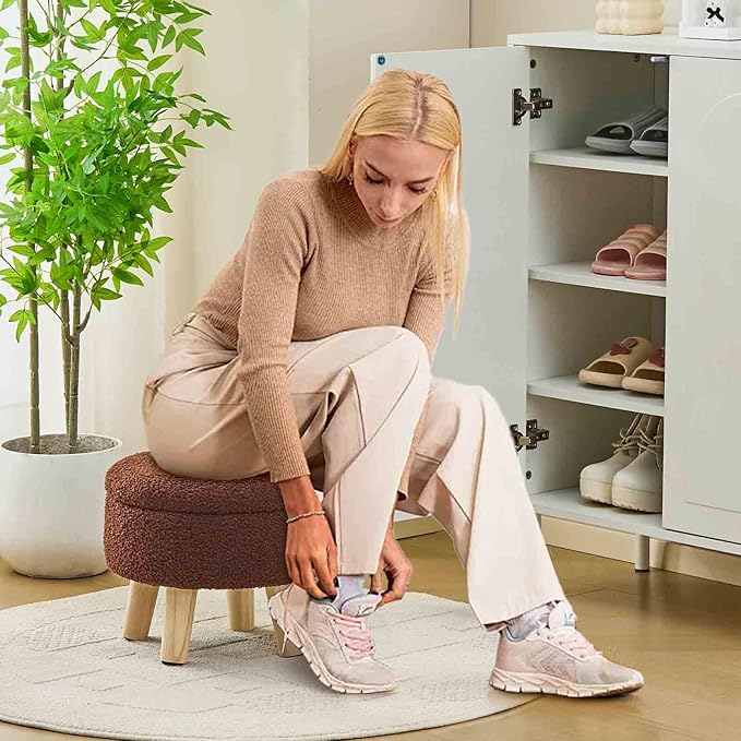 Wimarsbon Storage Ottoman, Modern Round Footrest with Soft Padded Seat, Teddy Velvet Footstool with Wood Legs, Accent Small Table or Plant Stand for Hallway, Living Room (Brown)