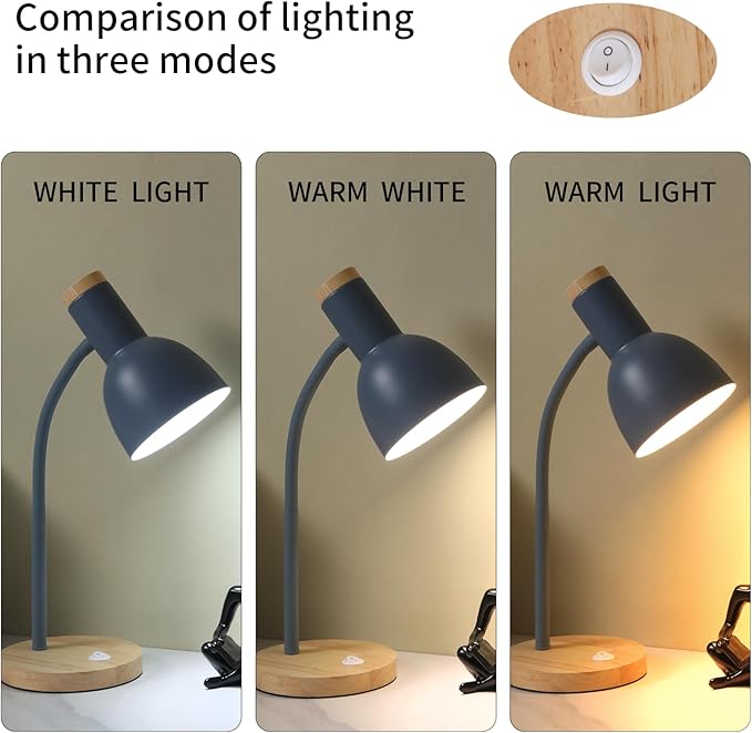 Table Lamp,Wooden Adjustable Desk Lamp,Dorm Lamp&Bedside Lamp for Living Room, Bedroom, Kids Room (Grey)