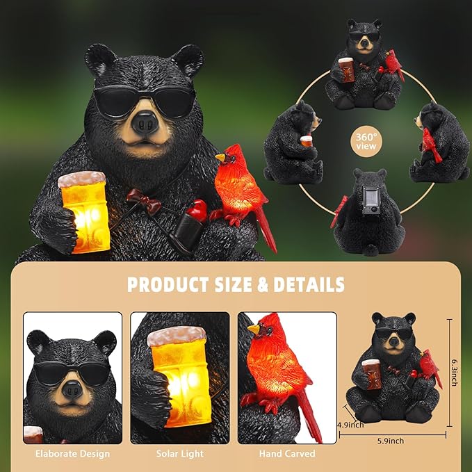 Solar Black Bear Statue for Garden with Beer and Cardinals 6.3" Resin Garden Statues for Outside Yard Paito Porch Decor Birthday Gardening Gifts for Women Mother Sister Grandmother Wife