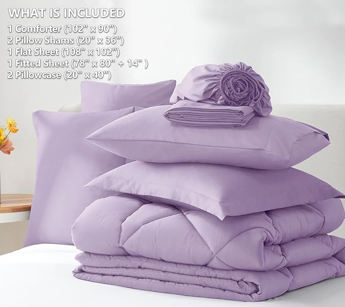 CozyLux King Size Comforter Set Light Purple - 7 Pieces Bed in a Bag King, Luxury Soft Lavender Bed Set for All Seasons, Bedding Set with Down Alternative Comforter, Sheets, Pillowcases & Shams