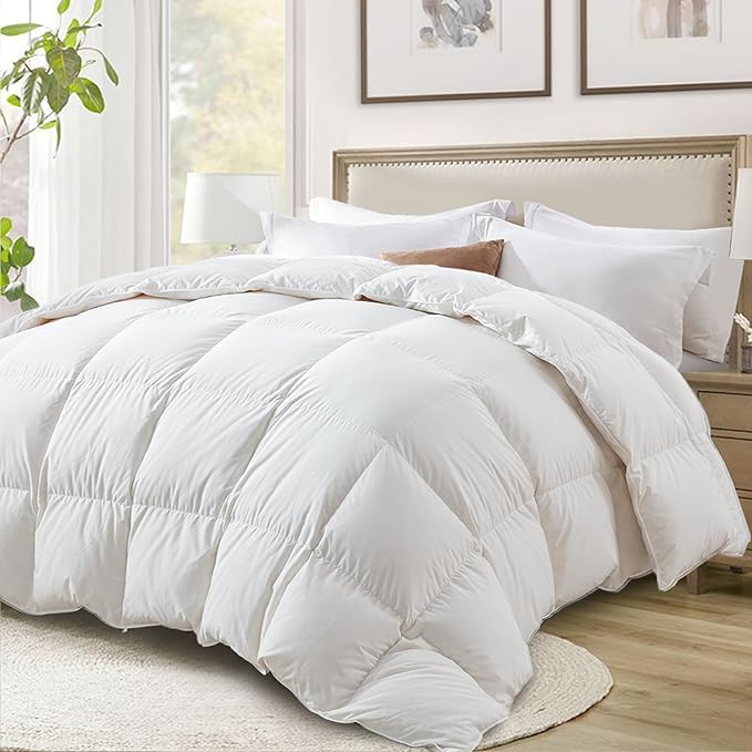 Globon Ultra-Soft Down Feather Comforter California King Size,Luxurious Fluffy Hotel Collection Duvet Insert for All Season,Noiseless Shell,700 Filling Power,Medium Weight with Corner Tabs,White