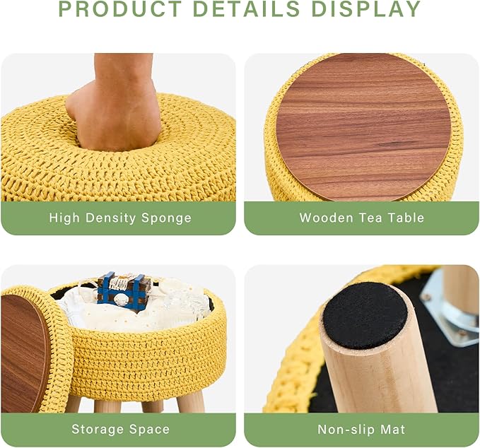 Wimarsbon Pouf Ottoman, 100% Cotton Knitted Boho Footstool, Round Footrest with Non-Skid Wood Legs, Home Décor Handmade Pouffe, Leisure Floor Step Stool for Living Room (Storage Yellow)