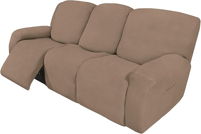 Easy-Going 8 Pieces Recliner Sofa Stretch Sofa Slipcover Sofa Cover Furniture Protector Couch Soft with Elastic Bottom Kids, Spandex Jacquard Fabric Small Checks Camel