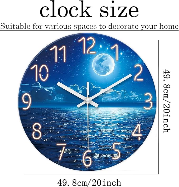 XFM Large Wall Clock Battery Operated 20 Inch Moon Lake Clock for Living Room Analog Blue Wall Clock Silent Non Ticking